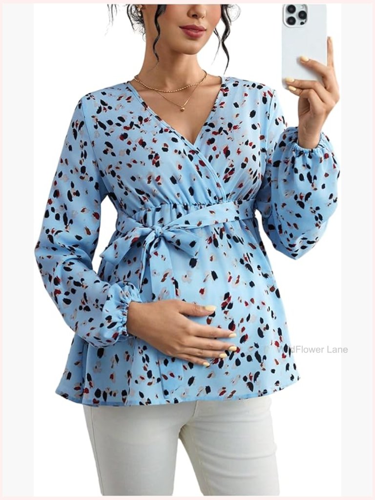 Maternity Wrap Blouse Long Sleeve V Neck Ruffle Belted Peplum Top